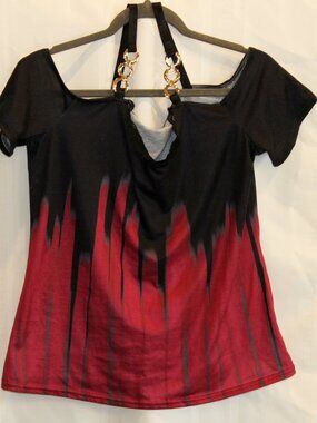 Black & Red Drip Print Cold Shoulder Strappy Top Gold Ring Detail Size L
